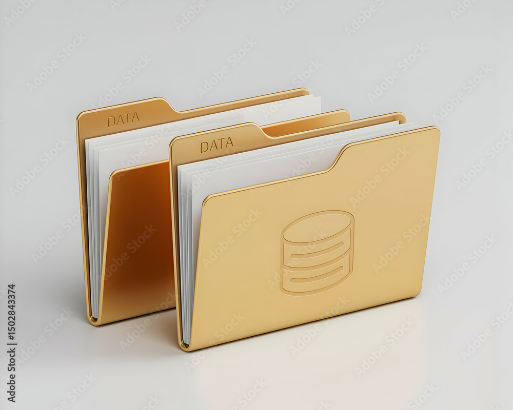Poster two golden data folders with database icon representing digital information storage