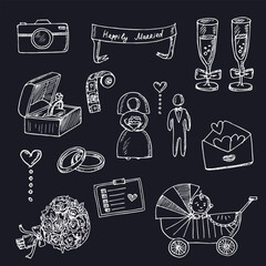 Marriage hand drawn doodle set. Vector illustration. Isolated elements on white background. Symbol collection.