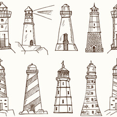 Lighthouse hand drawn doodle seamless pattern. Vector illustration. Isolated elements on white background. Symbol collection.