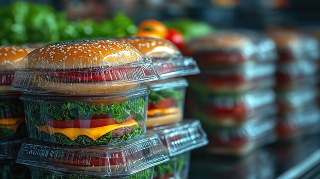Stacked fast food packages with blurred fresh produce, symbolizing health risks of processed diets
