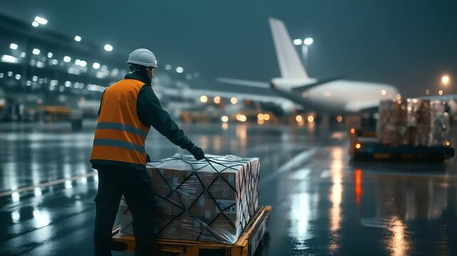 A worker loading goods onto a cargo plane at an international airport, symbolizing the air transport component of a global supply chain and the rapid distribution of products.