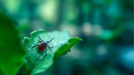Naklejka premium Close-up of small tick insect on green leaf in forest environment, symbolizing danger of Lyme disease and tick-borne infections in nature. Health risk and parasite concept.