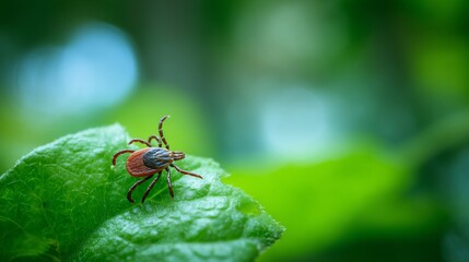 Fototapeta premium Close-up of small tick insect on green leaf in forest environment, symbolizing danger of Lyme disease and tick-borne infections in nature. Health risk and parasite concept.