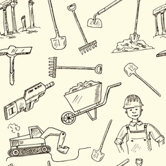 Dig hand drawn doodle seamless pattern. Vector illustration. Isolated elements on white background. Symbol collection.
