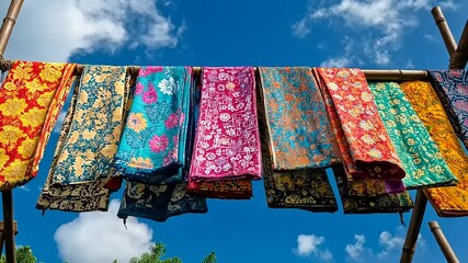 Vibrant textiles hanging against a blue sky backdrop