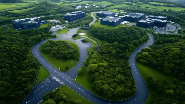 Aerial drone shot of an enormous tech campus with multiple data center buildings, winding roads, and a surrounding green buffer zone.