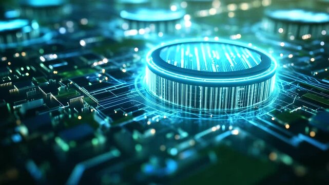 Aerial drone view of a hyper-connected data storage facility, its futuristic architecture rising above a sea of green surroundings.