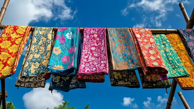 Vibrant textiles hanging against a blue sky backdrop