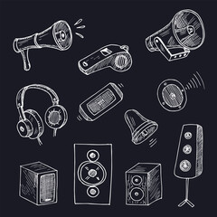 Loud hand drawn doodle set. Vector illustration. Isolated elements on white background. Symbol collection.