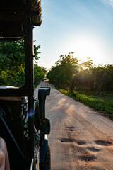 safari jeep on a road in Yala national park, sri lanka
