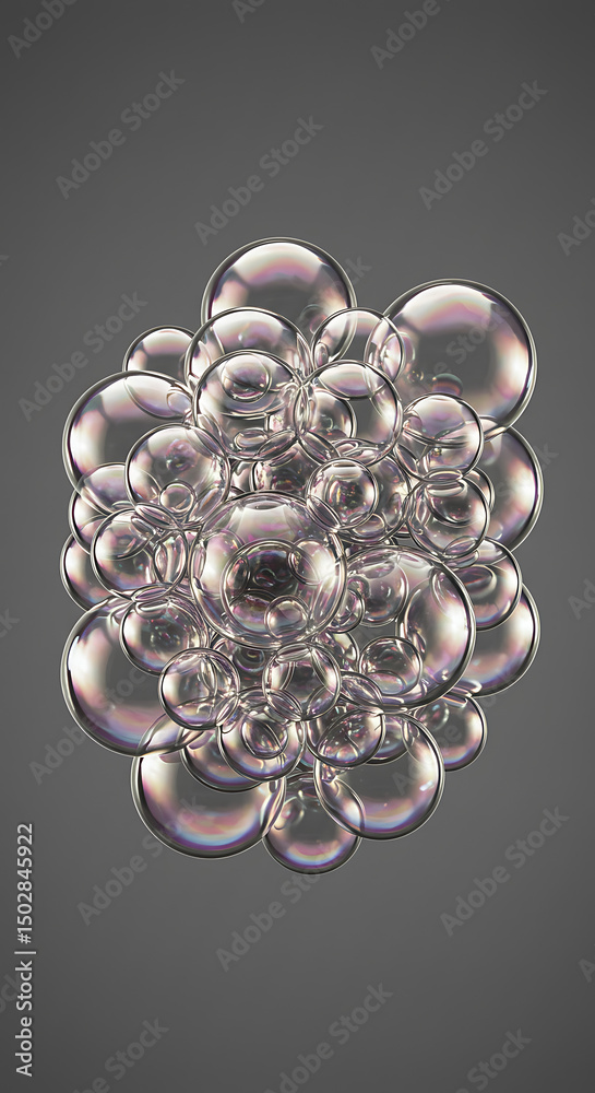 Poster abstract cluster of iridescent bubbles close up macro shot shiny soap bubbles floating translucent