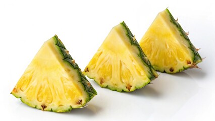 Three pineapple slices arranged in a row on a white surface showing the yellow fruit and green rind detail