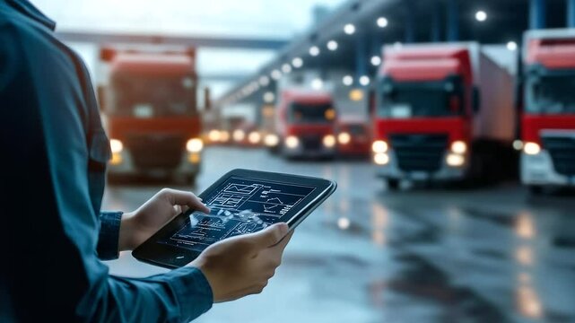 Close-up of a logistics manager reviewing shipment data on a tablet, with a backdrop of trucks moving in and out of a large distribution center.