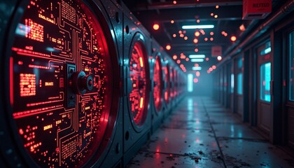 Futuristic server room with glowing circuitry panels and diffused ambient lighting