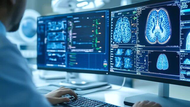 Close-up of an AI-powered medical imaging system on a hospital computer screen, with annotations identifying key areas of concern in a detailed radiology scan.