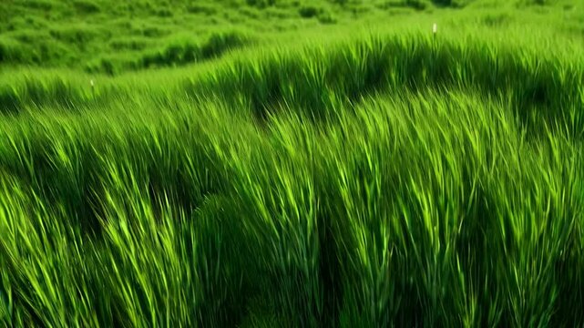 Lush green meadow swaying gently in the breeze, creating an abstract pattern of light and shadow, soft natural texture of tall grass, close-up perspective, landscape.