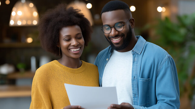 Young couple reviewing floor plan with curiosity and hope