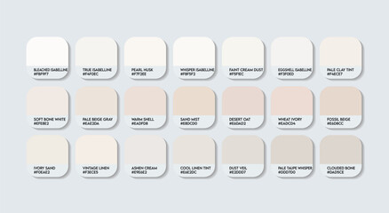 Isabelline Color Palette. Light and Airy Tints Isabelline Variants Tones Swatch Chart with HEX Codes and Color Names. earthy and cream Infused white Tone Palette. refresh painting color white Variants