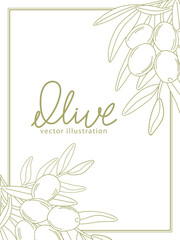 Minimalistic olive branch design in vector format with olives and leaves outlines. Simple and elegant layout perfect for use in packaging, branding or decorative projects.