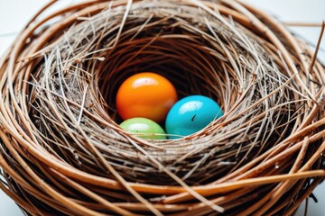 Fototapeta premium A natural bird nest containing three colorful eggs