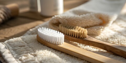 Sustainable bamboo toothbrushes on soft towel