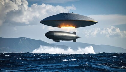 Naklejka premium Flying Saucer and Airship Over the Ocean