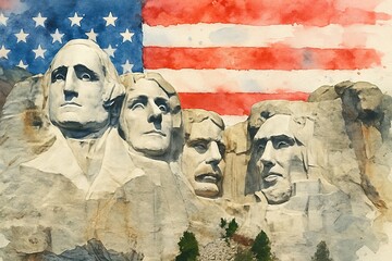 Watercolor Illustration of Mount Rushmore and American Flag