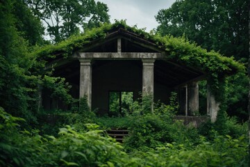 Old building covered in foliage and surrounded by nature, can be used for landscape or architecture images