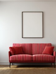 Red striped sofa in a modern living room.