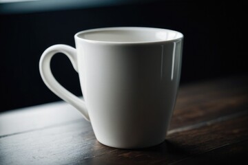 Fototapeta premium A single white coffee cup sits on a wooden table, awaiting its morning brew