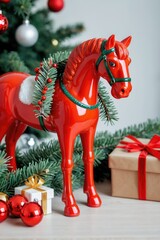 A small, red toy horse stands beside a decorated Christmas tree
