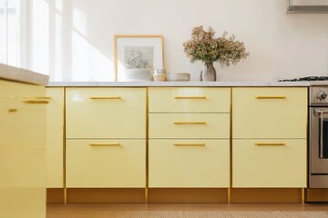 Light yellow kitchen cabinets with gold handles.