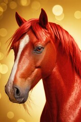 A close-up view of a bright red horse with a blurred out background, ideal for use in advertising or editorial content