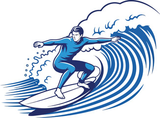 a surfer riding a wave in a dynamic pose, isolated on a white background