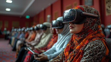 Women in hijabs experiencing virtual reality.