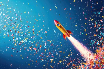 A colorful celebration with a rocket flying through confetti, great for party and holiday themes