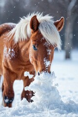 Obraz premium A brown horse stands in the snow with its head over a pile of snow, ready to take a closer look
