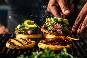 Venezuelan Arepas grilled cornmeal patties stuffed shredded beef black beans cheese avocado street food vendor Caracas vibrant scene close up hands preparing food