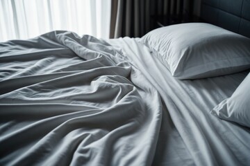 An unmade bed with white sheets and pillows, great for representing a lazy day or messy room