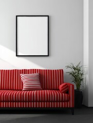 Red striped sofa in a modern living room.
