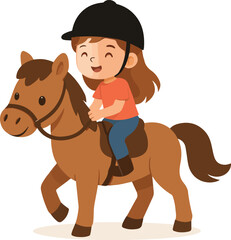 Pure joy of a young child, a girl, happily riding a brown horse or pony