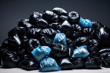 A pile of black trash bags with blue bags in the background