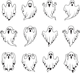 Fototapeta premium Set of Funny and Scary Cartoon Ghost Characters – Halloween Spooky Spirit Clipart Collection Isolated on White Background