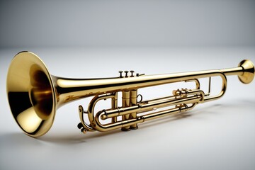 Obraz premium A golden trumpet sits atop a clean white surface, ready for use