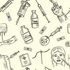 Injection hand drawn doodle seamless pattern. Vector illustration. Isolated elements on white background. Symbol collection.