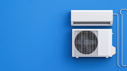 Modern split air conditioner unit mounted on a vibrant blue wall, showing both the indoor and outdoor components.