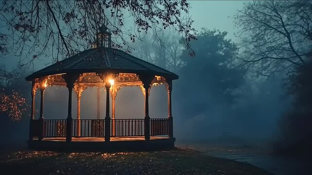 Serene gazebo illuminated by soft lights amidst a misty forest at dusk, creating a tranquil atmosphere