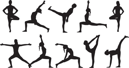 Yoga Poses Silhouette Set – Vector Illustration of Woman in Meditation and Exercise Positions