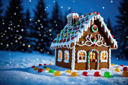 Cozy winter scene featuring a gingerbread house decorated with colorful candy