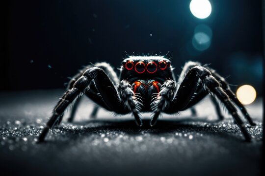 A close-up shot of a spider sitting on a surface, its legs and body visible - Powered by Adobe